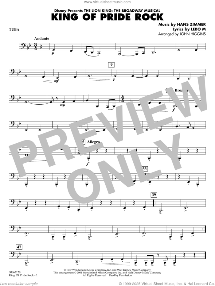 King of Pride Rock (from The Lion King) (arr. John Higgins) sheet music for concert band (tuba) by Hans Zimmer, John Higgins and Lebo M., intermediate skill level