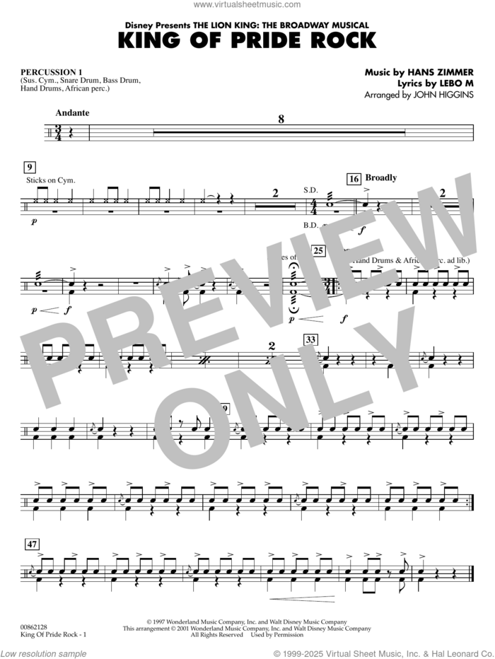 King of Pride Rock (from The Lion King) (arr. John Higgins) sheet music for concert band (percussion 1) by Hans Zimmer, John Higgins and Lebo M., intermediate skill level