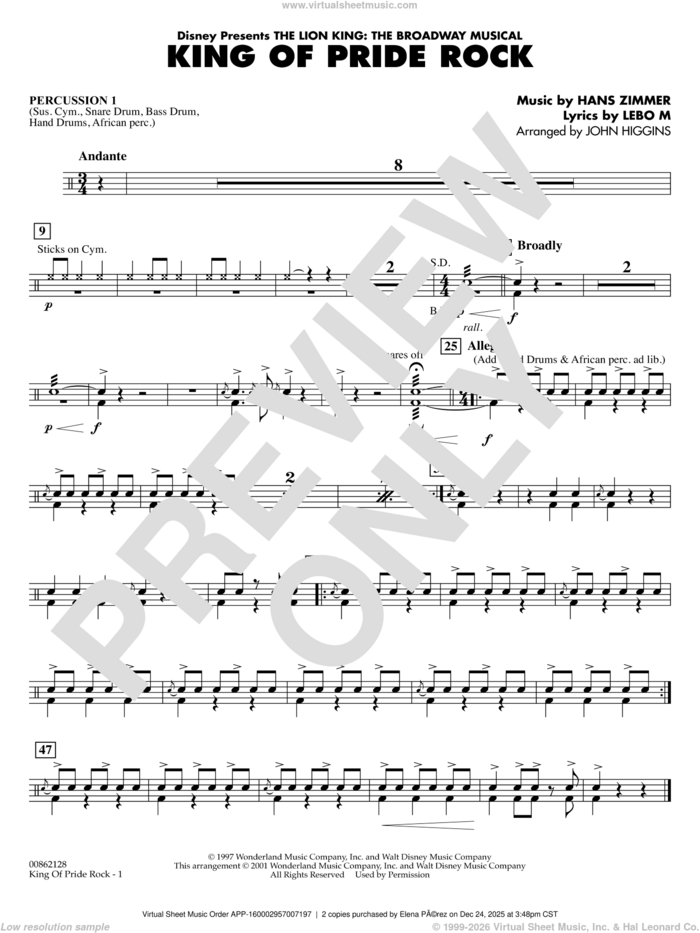 King of Pride Rock (from The Lion King) (arr. John Higgins) sheet music for concert band (percussion 1) by Hans Zimmer, John Higgins and Lebo M., intermediate skill level