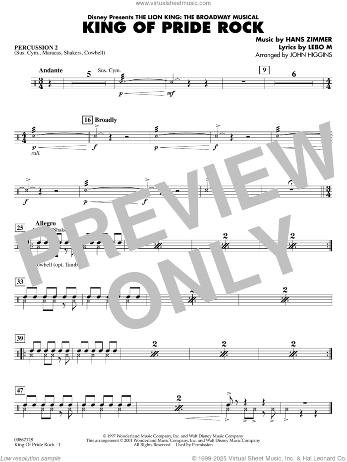 King of Pride Rock (from The Lion King) (arr. John Higgins) sheet music for concert band (percussion 2) by Hans Zimmer, John Higgins and Lebo M., intermediate skill level