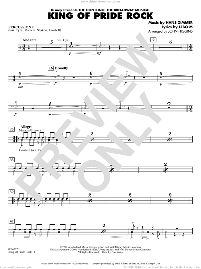 King of Pride Rock (from The Lion King) (arr. John Higgins) sheet music for concert band (percussion 2) by Hans Zimmer, John Higgins and Lebo M., intermediate skill level