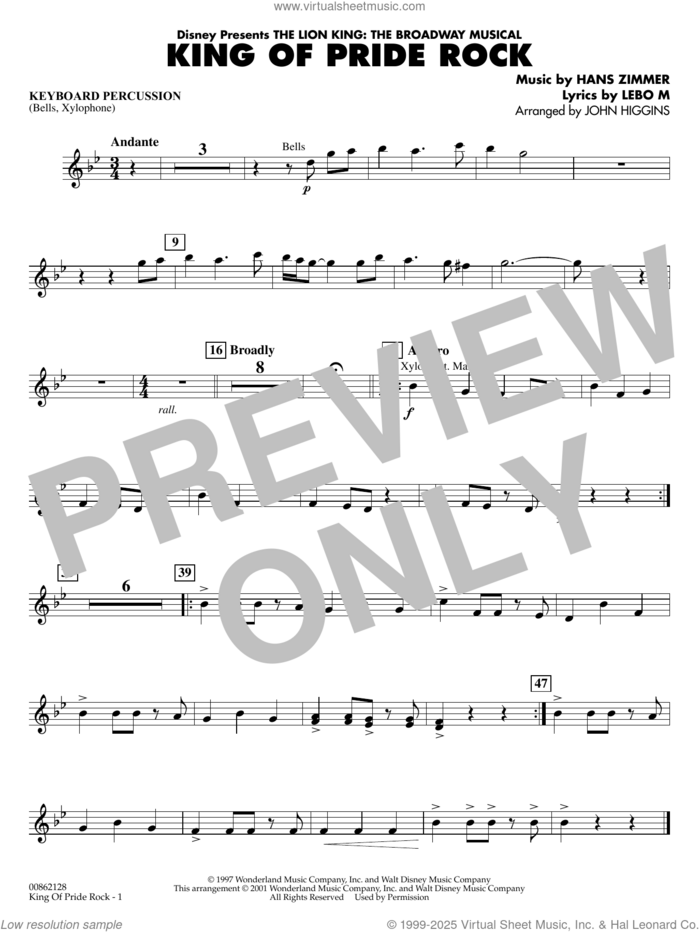 King of Pride Rock (from The Lion King) (arr. John Higgins) sheet music for concert band (keyboard percussion) by Hans Zimmer, John Higgins and Lebo M., intermediate skill level