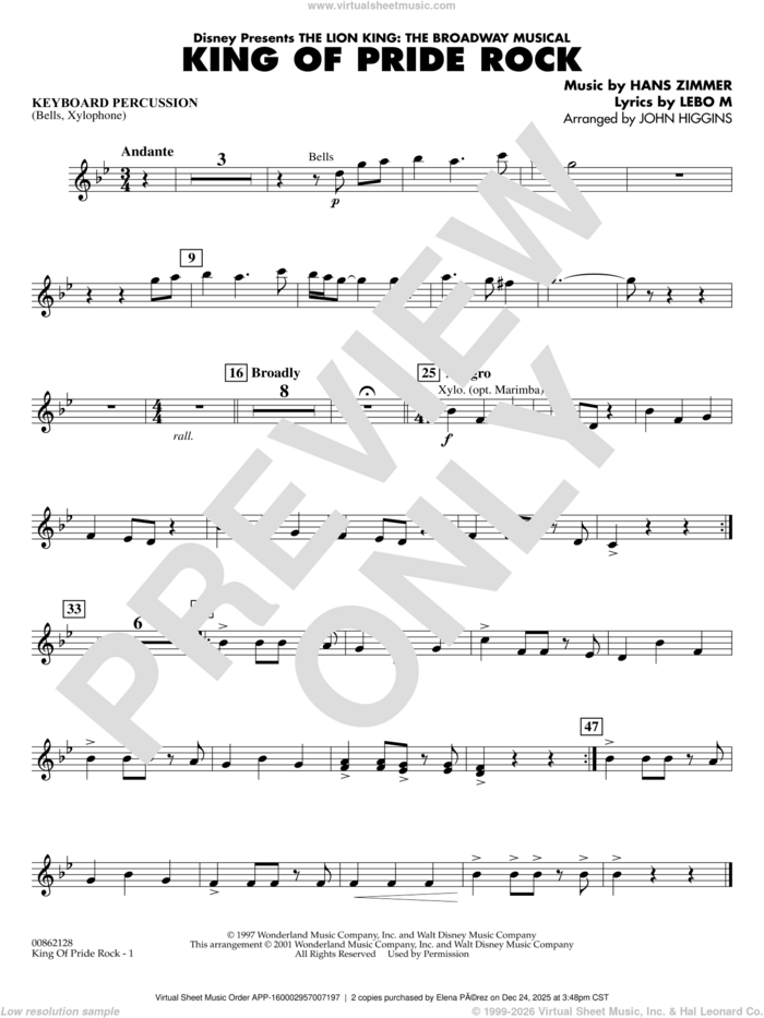 King of Pride Rock (from The Lion King) (arr. John Higgins) sheet music for concert band (keyboard percussion) by Hans Zimmer, John Higgins and Lebo M., intermediate skill level