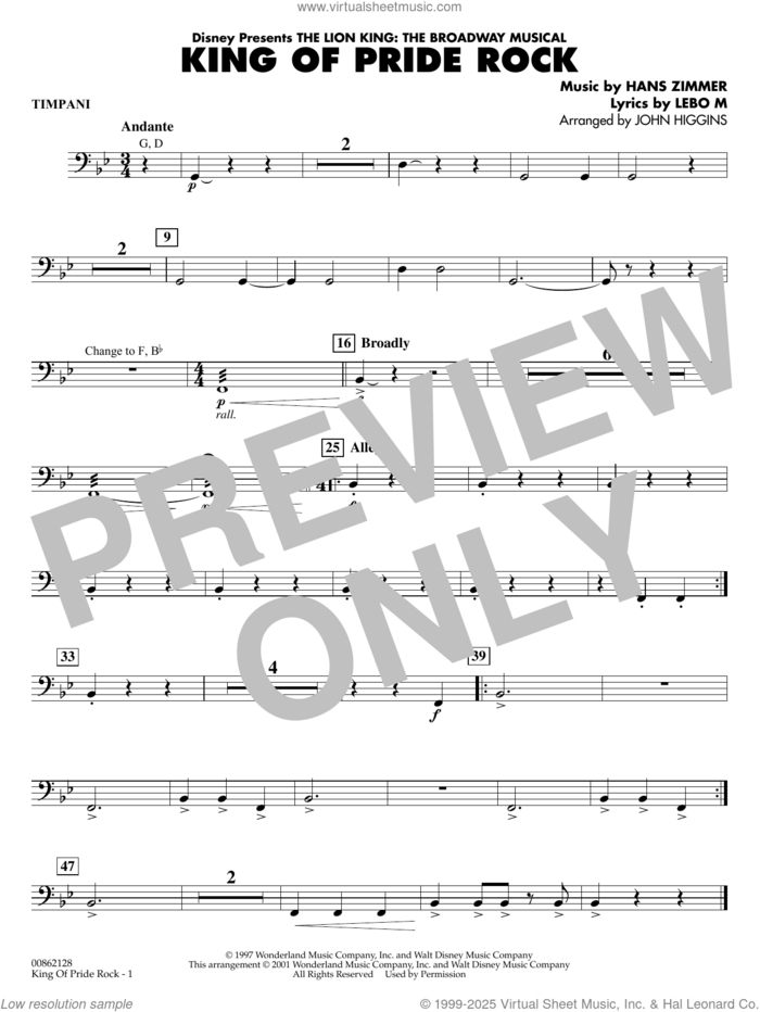 King of Pride Rock (from The Lion King) (arr. John Higgins) sheet music for concert band (timpani) by Hans Zimmer, John Higgins and Lebo M., intermediate skill level