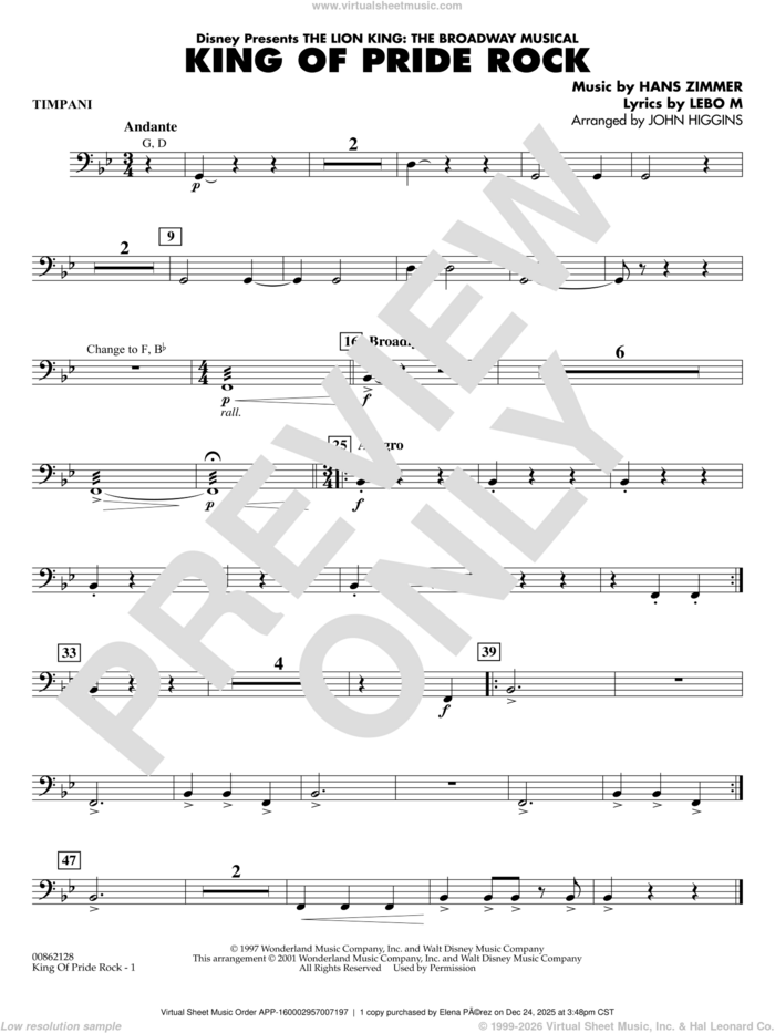 King of Pride Rock (from The Lion King) (arr. John Higgins) sheet music for concert band (timpani) by Hans Zimmer, John Higgins and Lebo M., intermediate skill level