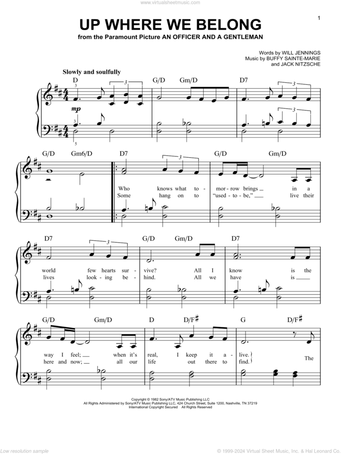 Up Where We Belong, (easy) sheet music for piano solo by Joe Cocker, Buffy Sainte-Marie, Jack Nitzche and Will Jennings, easy skill level