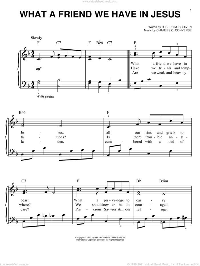 What A Friend We Have In Jesus, (easy) sheet music for piano solo by Joseph M. Scriven and Charles C. Converse, easy skill level
