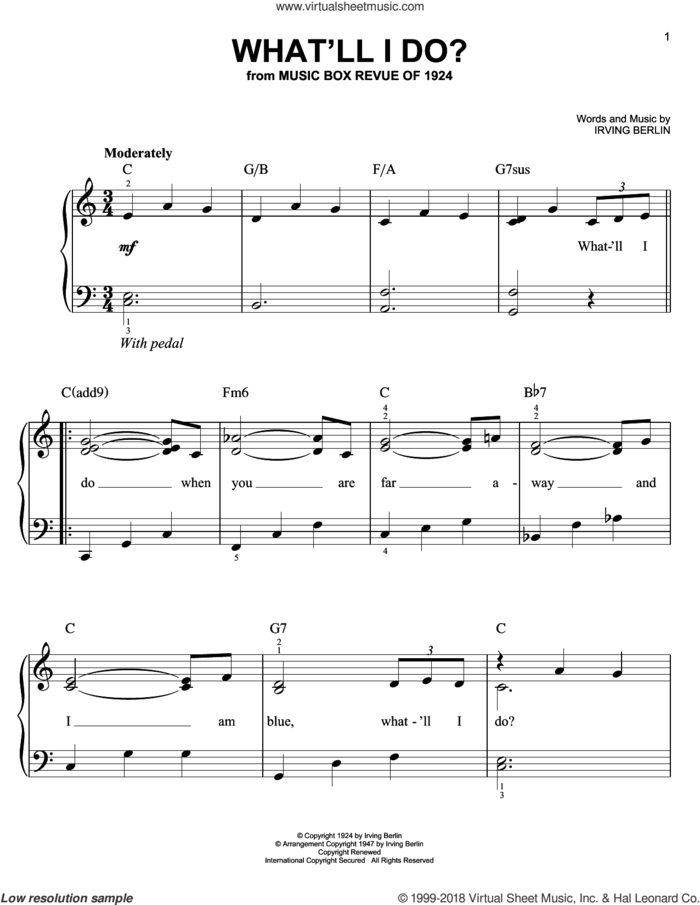 What'll I Do sheet music for piano solo by Irving Berlin, easy skill level