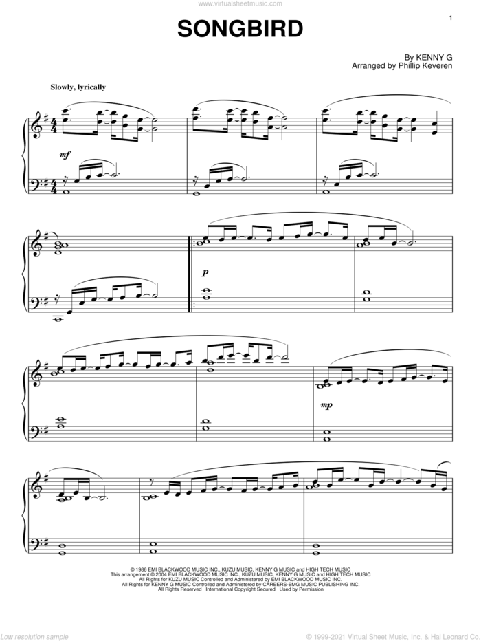 Songbird (arr. Phillip Keveren) sheet music for piano solo by Kenny G and Phillip Keveren, intermediate skill level