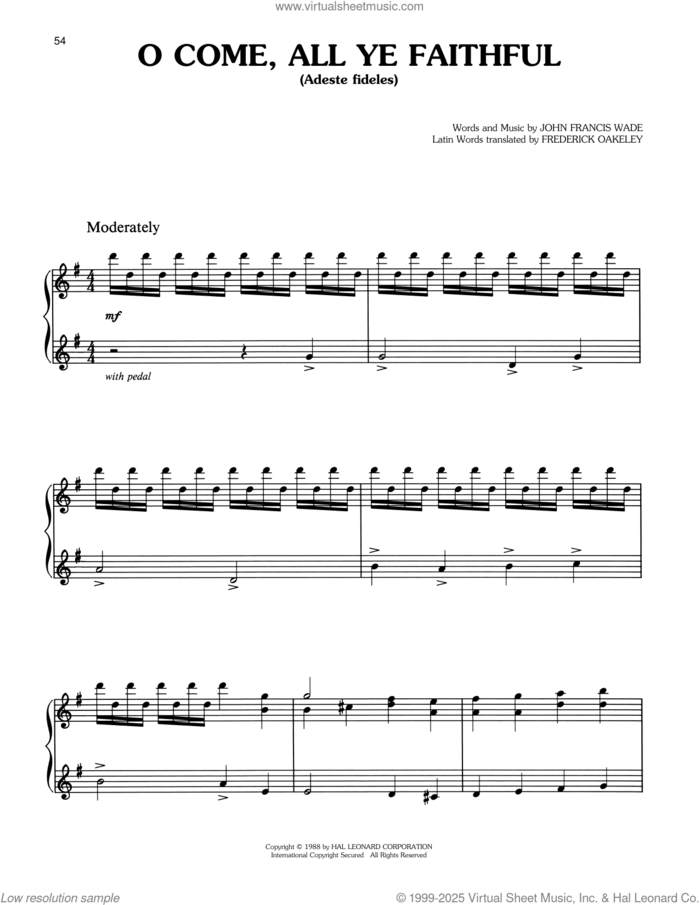 O Come, All Ye Faithful sheet music for piano solo by John Francis Wade and Frederick Oakeley (English), intermediate skill level