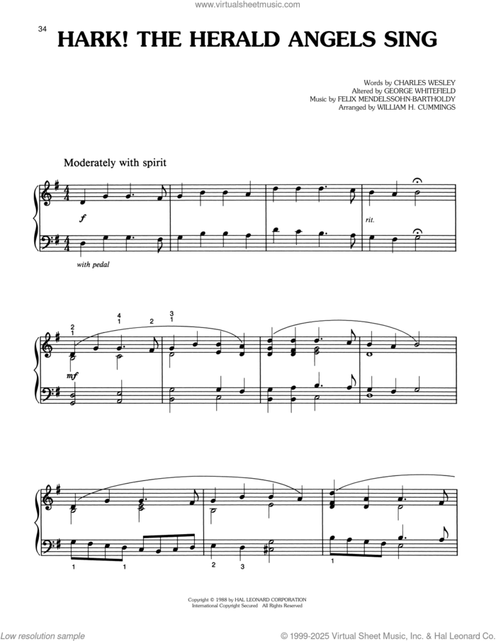 Hark! The Herald Angels Sing sheet music for piano solo by Felix Mendelssohn-Bartholdy, Charles Wesley, George Whitefield and William H. Cummings, intermediate skill level