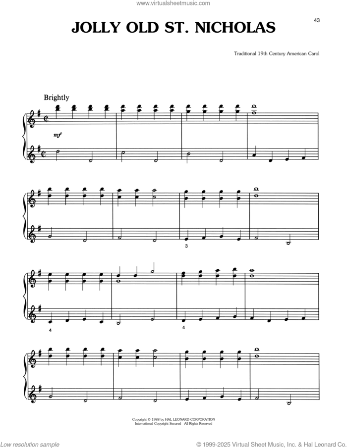 Jolly Old St. Nicholas sheet music for piano solo by Anonymous and Miscellaneous, intermediate skill level