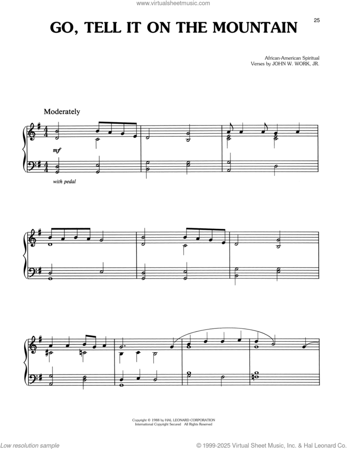 Go, Tell It On The Mountain sheet music for piano solo by John W. Work, Jr. and Miscellaneous, intermediate skill level