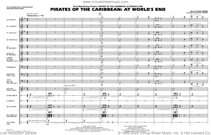 Pirates of the Caribbean: At World's End (arr. Brown) sheet music for marching band (full score) by Hans Zimmer and Michael Brown, intermediate skill level