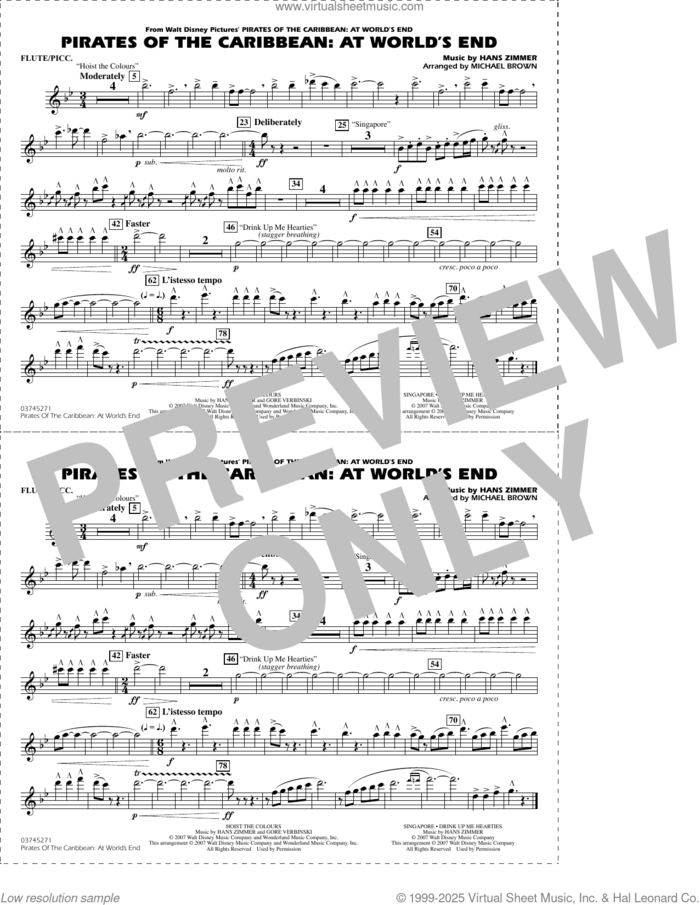 Pirates of the Caribbean: At World's End (arr. Brown) sheet music for marching band (flute/piccolo) by Hans Zimmer and Michael Brown, intermediate skill level