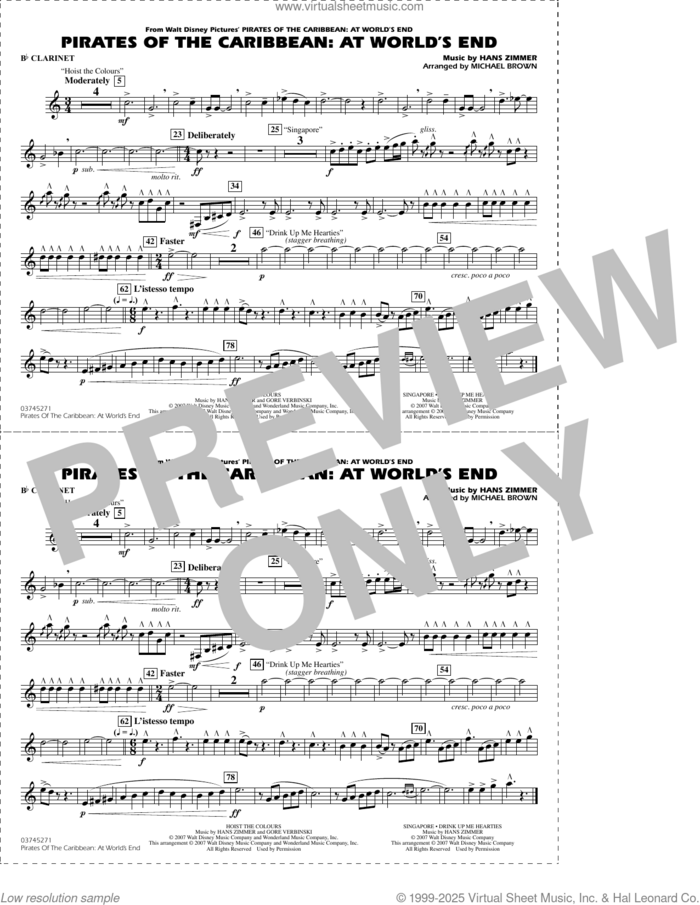 Pirates of the Caribbean: At World's End (arr. Brown) sheet music for marching band (Bb clarinet) by Hans Zimmer and Michael Brown, intermediate skill level