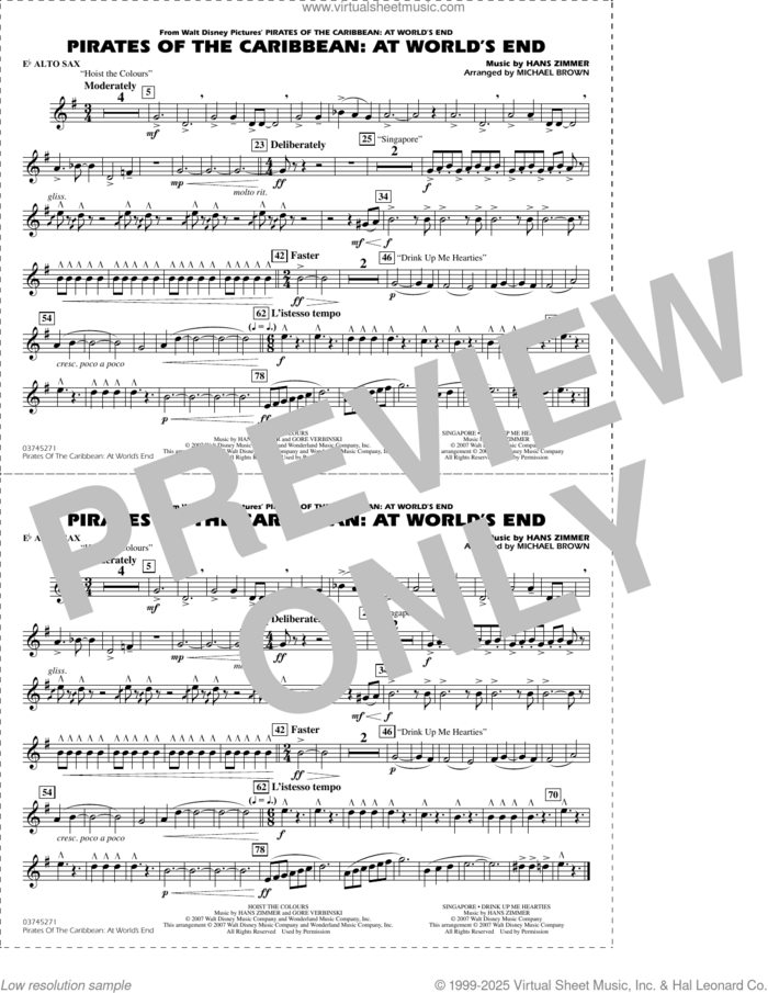 Pirates of the Caribbean: At World's End (arr. Brown) sheet music for marching band (Eb alto sax) by Hans Zimmer and Michael Brown, intermediate skill level