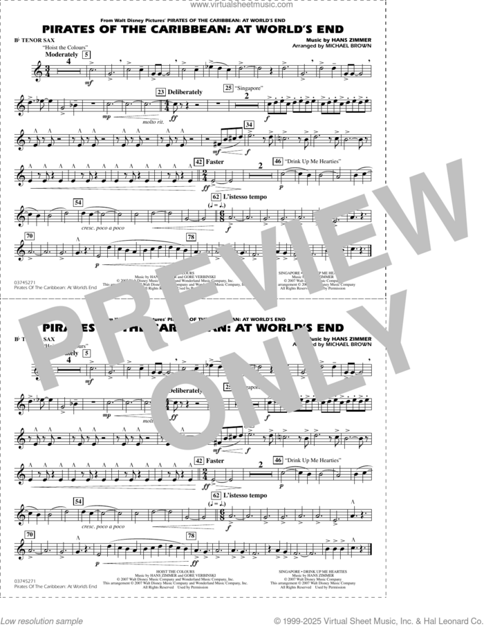 Pirates of the Caribbean: At World's End (arr. Brown) sheet music for marching band (Bb tenor sax) by Hans Zimmer and Michael Brown, intermediate skill level