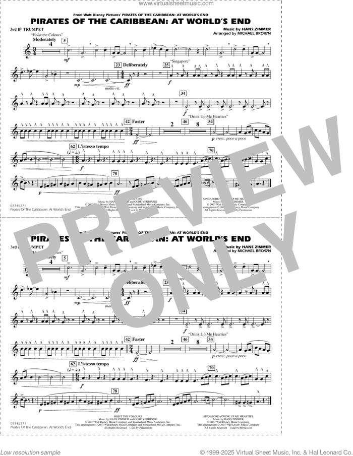 Pirates of the Caribbean: At World's End (arr. Brown) sheet music for marching band (3rd Bb trumpet) by Hans Zimmer and Michael Brown, intermediate skill level