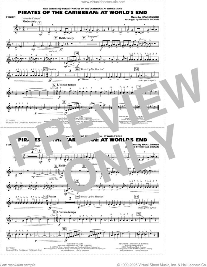 Pirates of the Caribbean: At World's End (arr. Brown) sheet music for marching band (f horn) by Hans Zimmer and Michael Brown, intermediate skill level