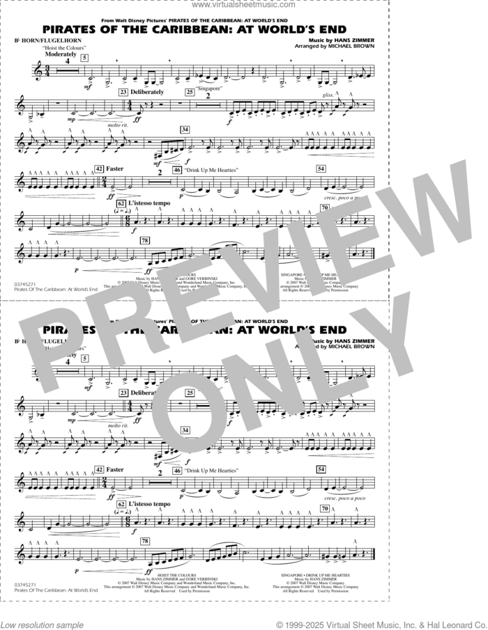 Pirates of the Caribbean: At World's End (arr. Brown) sheet music for marching band (Bb horn/flugelhorn) by Hans Zimmer and Michael Brown, intermediate skill level
