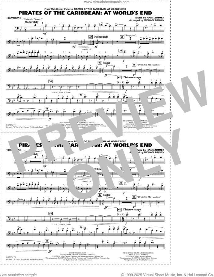 Pirates of the Caribbean: At World's End (arr. Brown) sheet music for marching band (trombone) by Hans Zimmer and Michael Brown, intermediate skill level