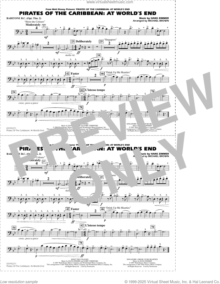 Pirates of the Caribbean: At World's End (arr. Brown) sheet music for marching band (baritone b.c., opt. tbn. 2) by Hans Zimmer and Michael Brown, intermediate skill level