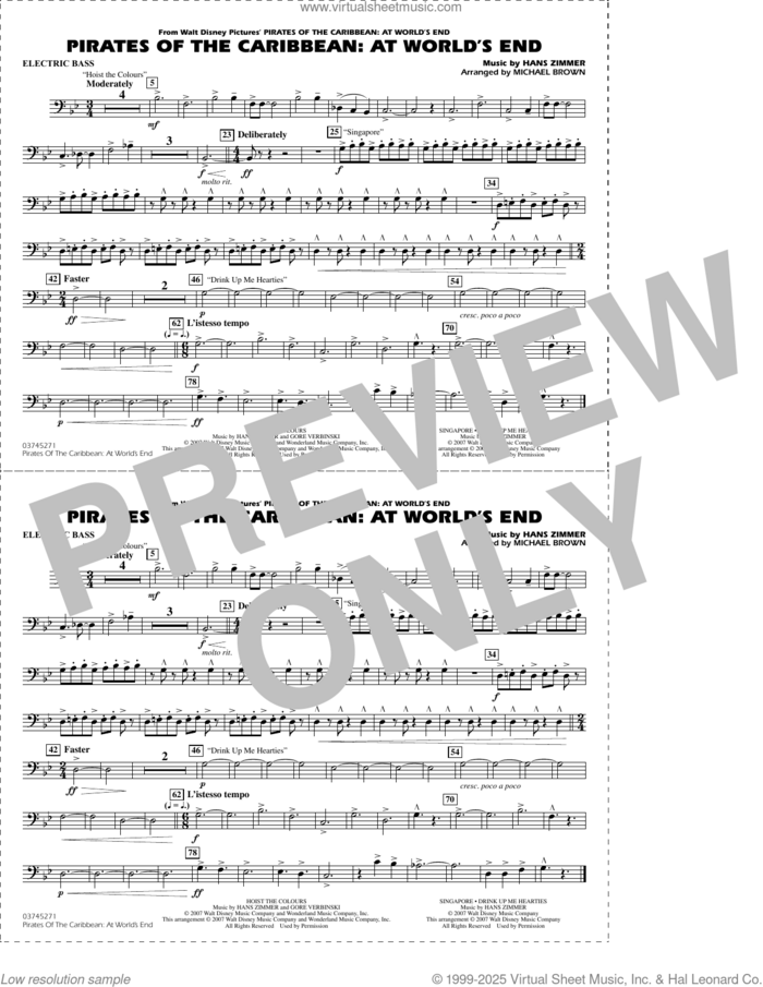 Pirates of the Caribbean: At World's End (arr. Brown) sheet music for marching band (electric bass) by Hans Zimmer and Michael Brown, intermediate skill level