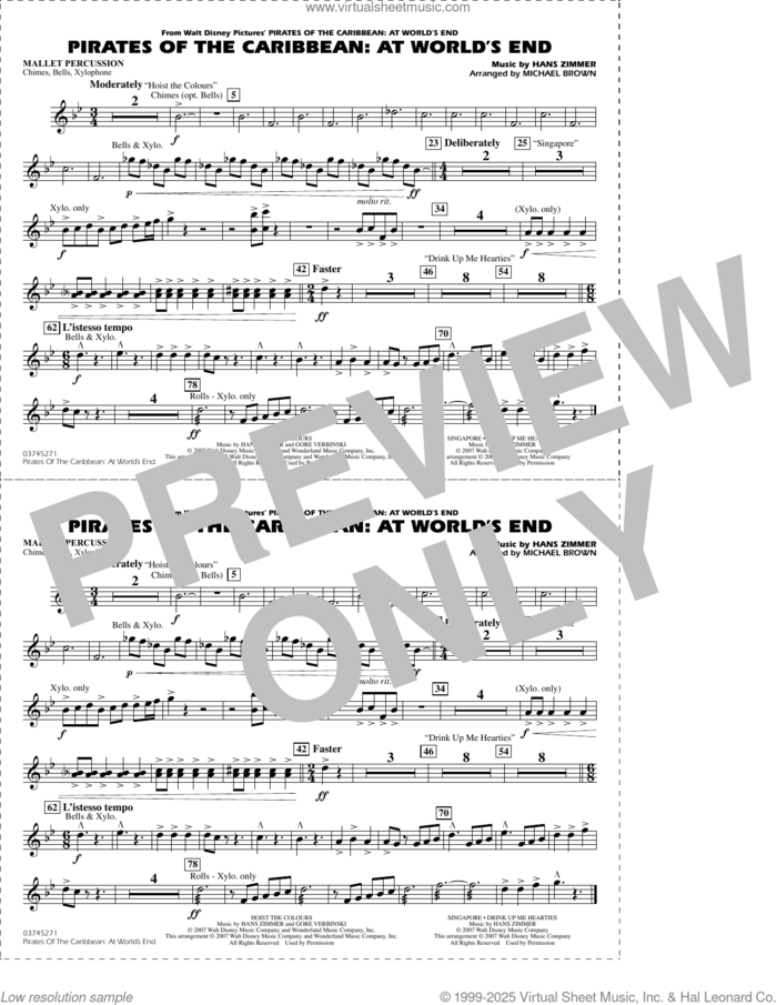 Pirates of the Caribbean: At World's End (arr. Brown) sheet music for marching band (mallet percussion) by Hans Zimmer and Michael Brown, intermediate skill level