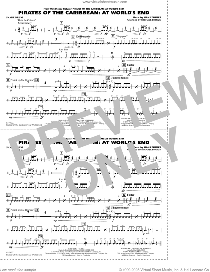 Pirates of the Caribbean: At World's End (arr. Brown) sheet music for marching band (snare drum) by Hans Zimmer and Michael Brown, intermediate skill level