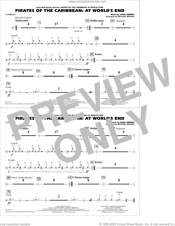 Pirates of the Caribbean: At World's End (arr. Brown) sheet music for marching band (cymbals) by Hans Zimmer and Michael Brown, intermediate skill level