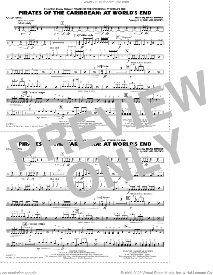 Pirates of the Caribbean: At World's End (arr. Brown) sheet music for marching band (quad toms) by Hans Zimmer and Michael Brown, intermediate skill level