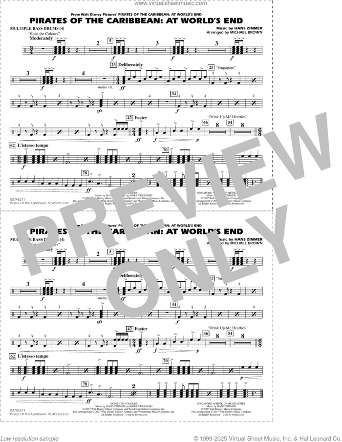 Pirates of the Caribbean: At World's End (arr. Brown) sheet music for marching band (multiple bass drums) by Hans Zimmer and Michael Brown, intermediate skill level