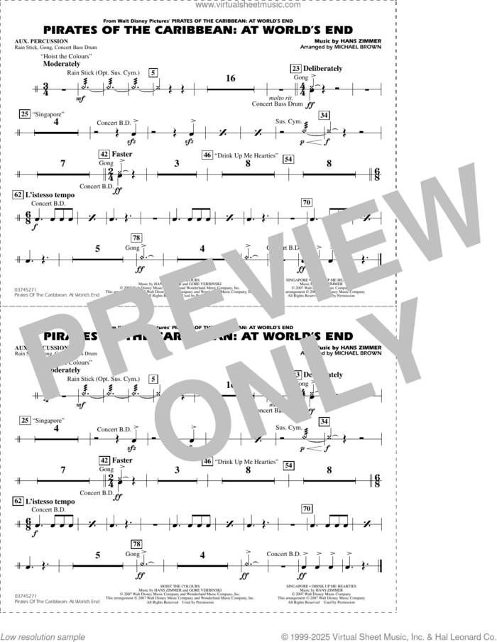 Pirates of the Caribbean: At World's End (arr. Brown) sheet music for marching band (aux percussion) by Hans Zimmer and Michael Brown, intermediate skill level