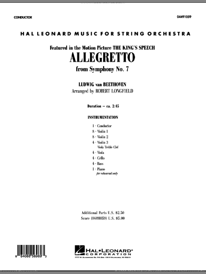 Allegretto (from Symphony No. 7) (COMPLETE) sheet music for orchestra by Ludwig van Beethoven and Robert Longfield, classical score, intermediate skill level