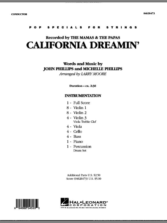 California Dreamin' (COMPLETE) sheet music for orchestra by Michelle Phillips, John Phillips, Larry Moore, Robert Longfield and The Mamas & The Papas, intermediate skill level