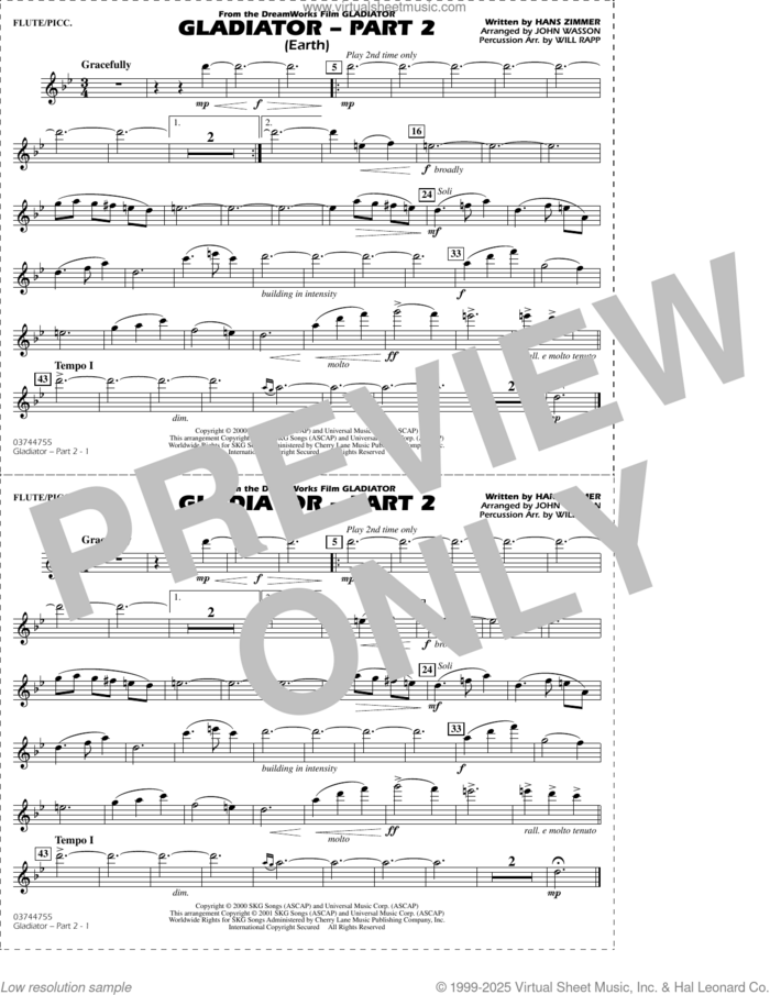 Gladiator Part 2 (arr. Rapp and Wasson) sheet music for marching band (flute/piccolo) by Hans Zimmer, John Wasson and Will Rapp, intermediate skill level
