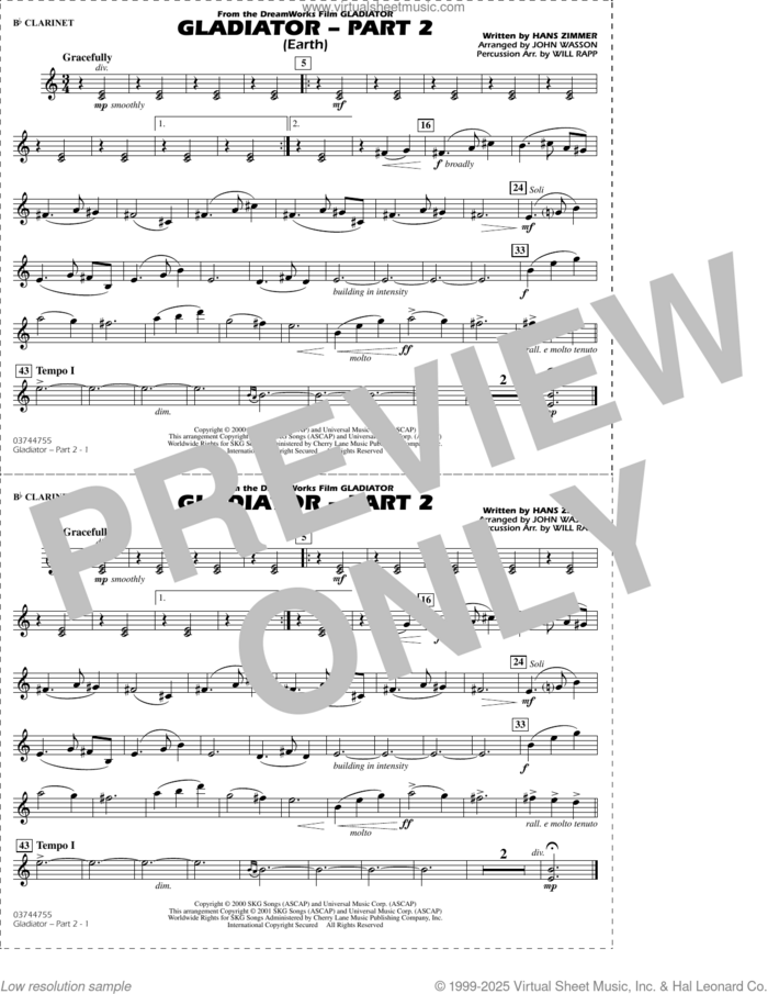 Gladiator Part 2 (arr. Rapp and Wasson) sheet music for marching band (Bb clarinet) by Hans Zimmer, John Wasson and Will Rapp, intermediate skill level