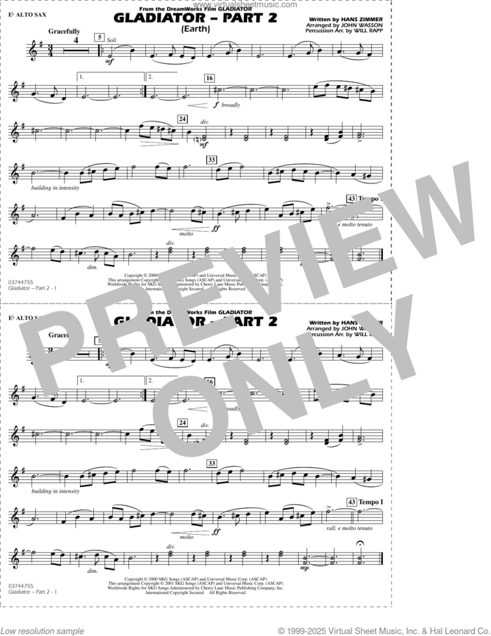 Gladiator Part 2 (arr. Rapp and Wasson) sheet music for marching band (Eb alto sax) by Hans Zimmer, John Wasson and Will Rapp, intermediate skill level