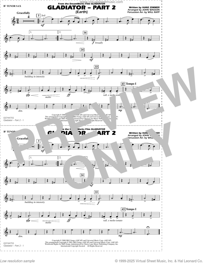 Gladiator Part 2 (arr. Rapp and Wasson) sheet music for marching band (Bb tenor sax) by Hans Zimmer, John Wasson and Will Rapp, intermediate skill level