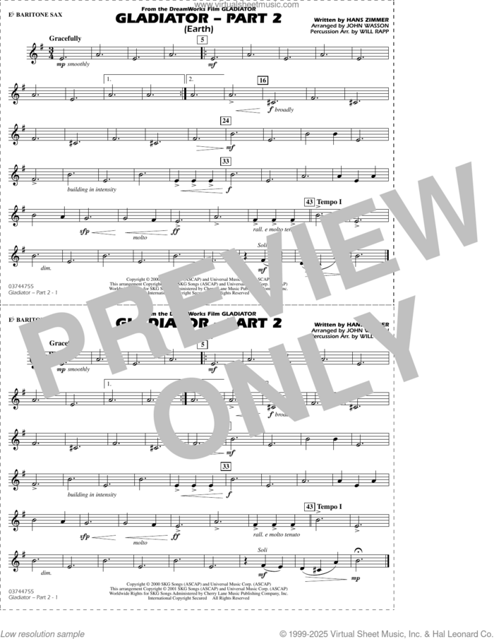 Gladiator Part 2 (arr. Rapp and Wasson) sheet music for marching band (Eb baritone sax) by Hans Zimmer, John Wasson and Will Rapp, intermediate skill level