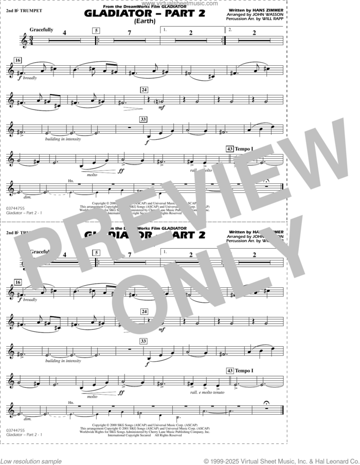Gladiator Part 2 (arr. Rapp and Wasson) sheet music for marching band (2nd Bb trumpet) by Hans Zimmer, John Wasson and Will Rapp, intermediate skill level