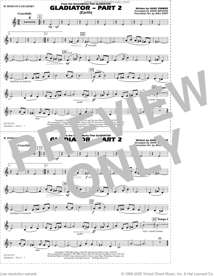 Gladiator Part 2 (arr. Rapp and Wasson) sheet music for marching band (Bb horn/flugelhorn) by Hans Zimmer, John Wasson and Will Rapp, intermediate skill level