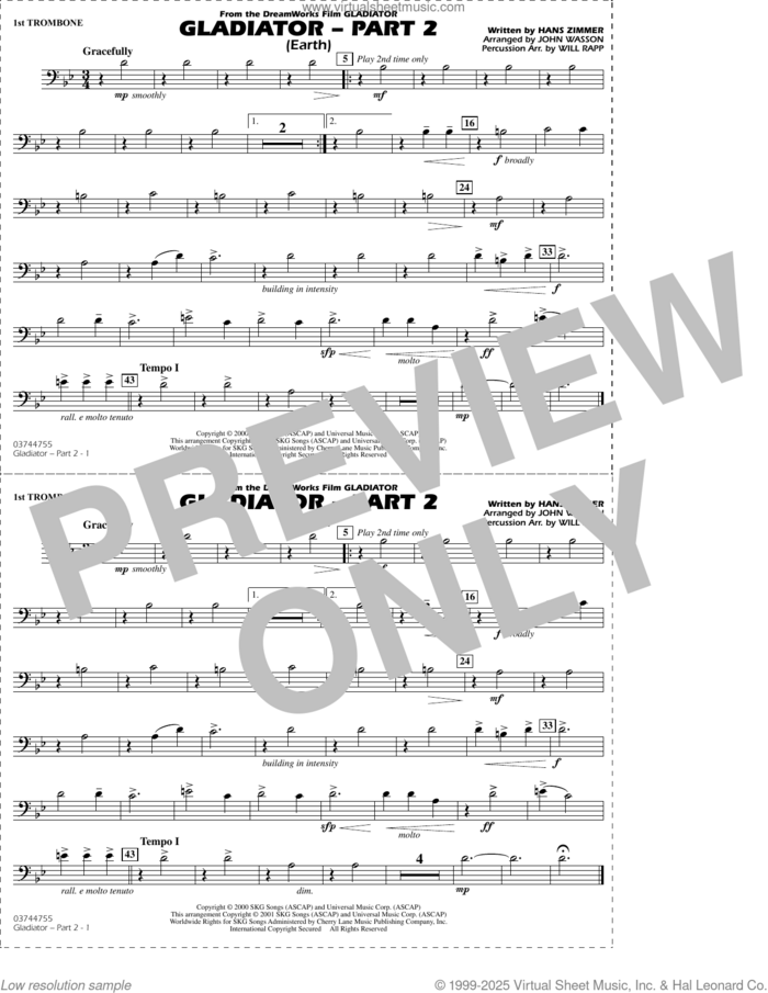 Gladiator Part 2 (arr. Rapp and Wasson) sheet music for marching band (1st trombone) by Hans Zimmer, John Wasson and Will Rapp, intermediate skill level