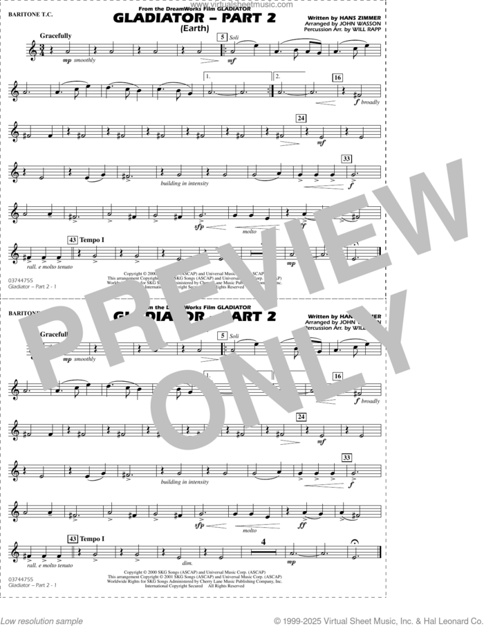 Gladiator Part 2 (arr. Rapp and Wasson) sheet music for marching band (baritone t.c.) by Hans Zimmer, John Wasson and Will Rapp, intermediate skill level
