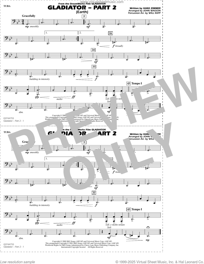 Gladiator Part 2 (arr. Rapp and Wasson) sheet music for marching band (tuba) by Hans Zimmer, John Wasson and Will Rapp, intermediate skill level