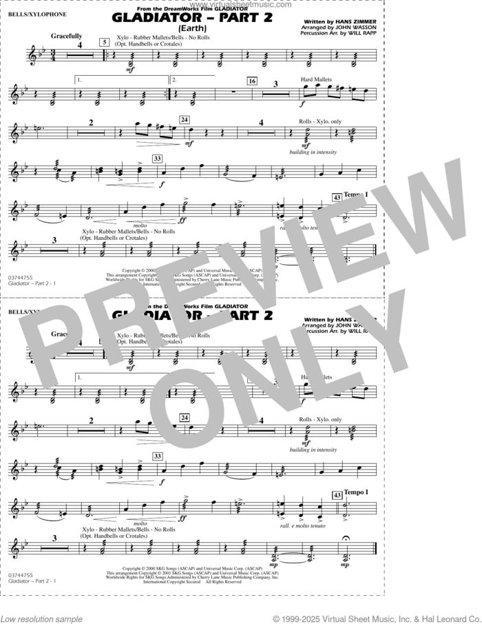 Gladiator Part 2 (arr. Rapp and Wasson) sheet music for marching band (bells/xylophone) by Hans Zimmer, John Wasson and Will Rapp, intermediate skill level