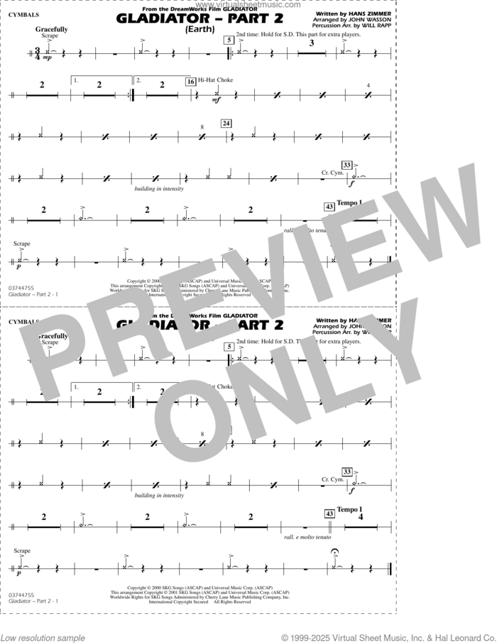 Gladiator Part 2 (arr. Rapp and Wasson) sheet music for marching band (cymbals) by Hans Zimmer, John Wasson and Will Rapp, intermediate skill level