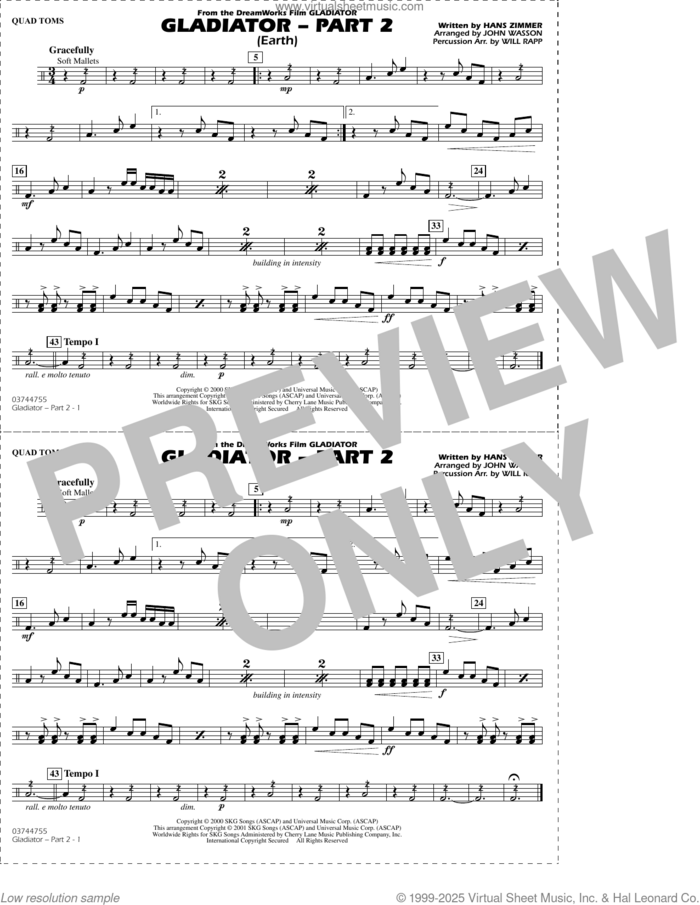 Gladiator Part 2 (arr. Rapp and Wasson) sheet music for marching band (quad toms) by Hans Zimmer, John Wasson and Will Rapp, intermediate skill level