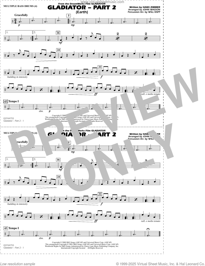 Gladiator Part 2 (arr. Rapp and Wasson) sheet music for marching band (multiple bass drums) by Hans Zimmer, John Wasson and Will Rapp, intermediate skill level